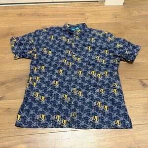 Tori Richard Navy Blue and Yellow Patterned Fish Men's Hawaiian Aloha XL Shirt